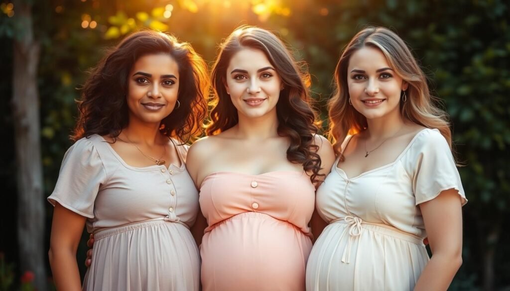 A soft, glowing portrait of three pregnant women in a peaceful, sun-dappled garden. Their serene faces show a range of common skin concerns during pregnancy - from glowing, radiant skin to hormonal blemishes and discoloration. The women's curvy, slender figures are highlighted by their summer dresses in soft, natural tones. Gentle rays of warm, golden light accentuate their natural American features, creating an atmosphere of tranquility and inner beauty.