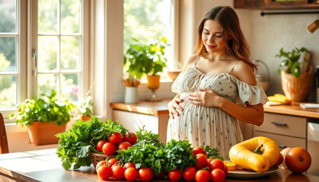 A sun-dappled kitchen scene, with a young, radiant pregnant woman in a breezy summer dress standing at a wooden table. Fresh seasonal produce - vibrant greens, crimson tomatoes, golden squash - arranged in an artful still life. Overhead, a natural light diffuses warmly, casting a gentle glow. The woman's expression is serene, her hand resting tenderly on her rounded belly. Behind her, a window frames a lush, verdant garden, hinting at the nourishing bounty of nature. The atmosphere is one of calm, wellness, and the promise of new life. The image conveys the vitality and nourishment of a healthy pregnancy meal plan.