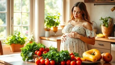 A sun-dappled kitchen scene, with a young, radiant pregnant woman in a breezy summer dress standing at a wooden table. Fresh seasonal produce - vibrant greens, crimson tomatoes, golden squash - arranged in an artful still life. Overhead, a natural light diffuses warmly, casting a gentle glow. The woman's expression is serene, her hand resting tenderly on her rounded belly. Behind her, a window frames a lush, verdant garden, hinting at the nourishing bounty of nature. The atmosphere is one of calm, wellness, and the promise of new life. The image conveys the vitality and nourishment of a healthy pregnancy meal plan.