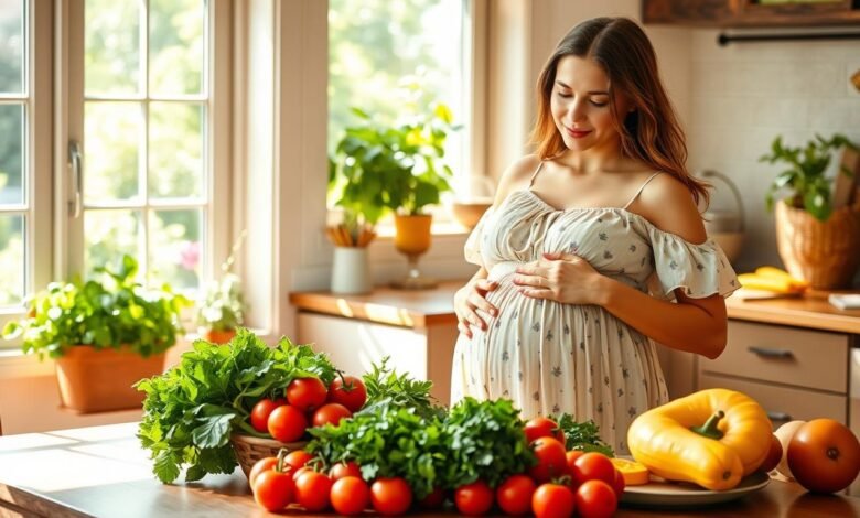 A sun-dappled kitchen scene, with a young, radiant pregnant woman in a breezy summer dress standing at a wooden table. Fresh seasonal produce - vibrant greens, crimson tomatoes, golden squash - arranged in an artful still life. Overhead, a natural light diffuses warmly, casting a gentle glow. The woman's expression is serene, her hand resting tenderly on her rounded belly. Behind her, a window frames a lush, verdant garden, hinting at the nourishing bounty of nature. The atmosphere is one of calm, wellness, and the promise of new life. The image conveys the vitality and nourishment of a healthy pregnancy meal plan.