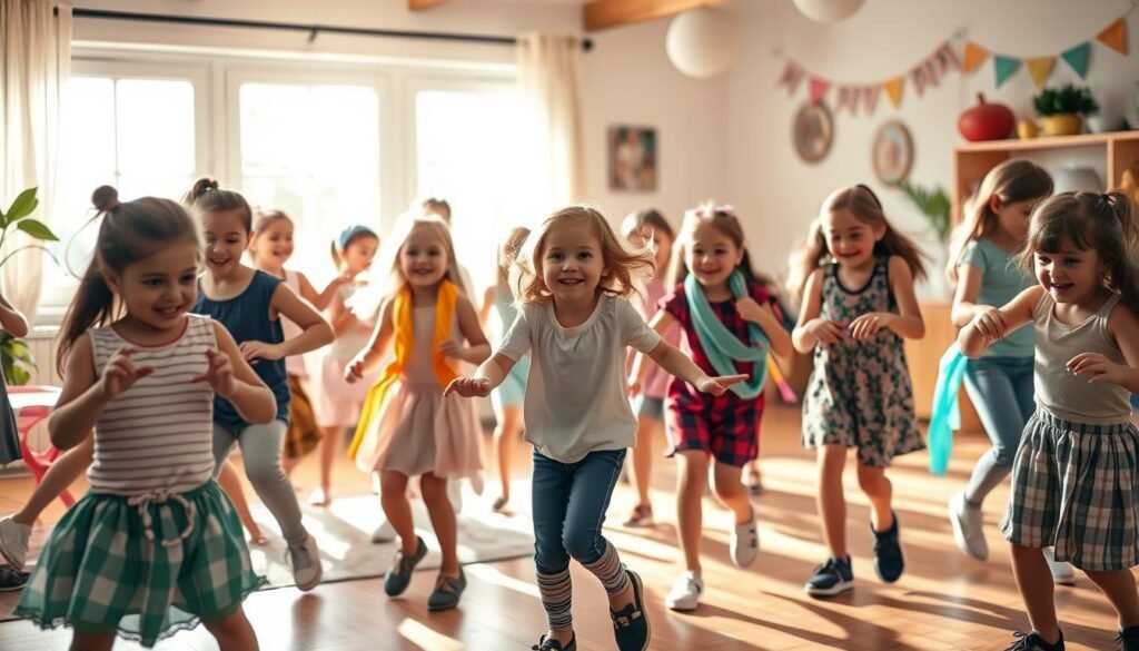 A vibrant and playful scene of children engaged in various dance games. In the foreground, a group of excited kids move to the rhythm of upbeat music, their bodies twisting and turning with joyful energy. The middle ground features a diverse array of dance props and accessories, such as colorful scarves, hula hoops, and maracas, inviting the children to explore different styles and movements. The background depicts a warm, sun-drenched environment, perhaps a cozy living room or a cheerful community center, creating a welcoming and inclusive atmosphere. The lighting is soft and natural, capturing the children's expressions of pure delight as they immerse themselves in the magic of dance.