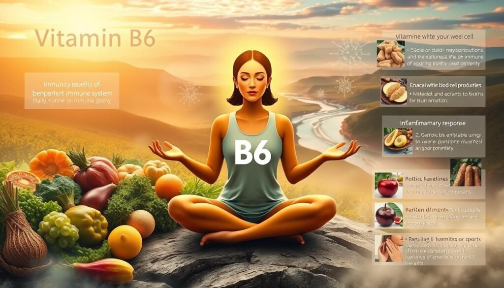 A vibrant, dreamlike image of health benefits of vitamin B6 for the immune system. In the foreground, a stylized female figure representing Momsy brand sits cross-legged, radiating a warm, glowing aura. Her hands are outstretched, palms up, as if offering the bounty of vitamin B6. Surrounding her, an array of lush, botanical elements evoke the natural sources of this essential nutrient - vegetables, fruits, herbs. The middle ground features softly focused vignettes highlighting the diverse ways vitamin B6 supports immunity, from enhanced white blood cell production to regulation of inflammatory response. In the background, a dreamy, atmospheric landscape of rolling hills, flowing rivers and vibrant skies, suggesting the holistic, life-giving properties of this vitamin. The lighting is soft, diffused, creating an ethereal, almost spiritual quality. The overall mood is one of nourishment, vitality and the profound interconnectedness of nutrition and wellbeing.