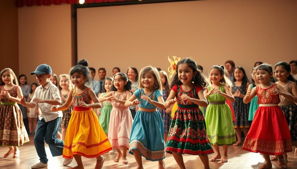 A vibrant scene of children performing lively cultural dances on a stage, bathed in warm, natural lighting. In the foreground, a group of diverse kids in colorful, traditional costumes move gracefully to the rhythm of live music, their expressions joyful and carefree. In the middle ground, an audience of engaged parents and teachers watch with delight, their faces lit by the stage lights. The background features a simple, yet elegant backdrop, perhaps with symbolic cultural motifs, creating a sense of cultural immersion. The overall atmosphere is one of celebration, cultural exploration, and the pure, infectious joy of movement and music.