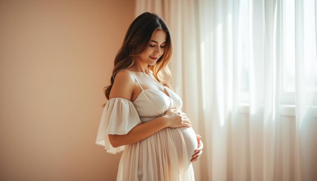 A warm, softly lit indoor studio scene with a young, expectant mother cradling her bump, bathed in natural light filtering through delicate curtains. Her serene expression exudes a radiant, nurturing glow as she stands in a flowing, summery dress, her hair gently framing her face. The background is a simple, neutral palette that allows the mother's beauty and the intimacy of the moment to take center stage, creating a timeless, elegant atmosphere.