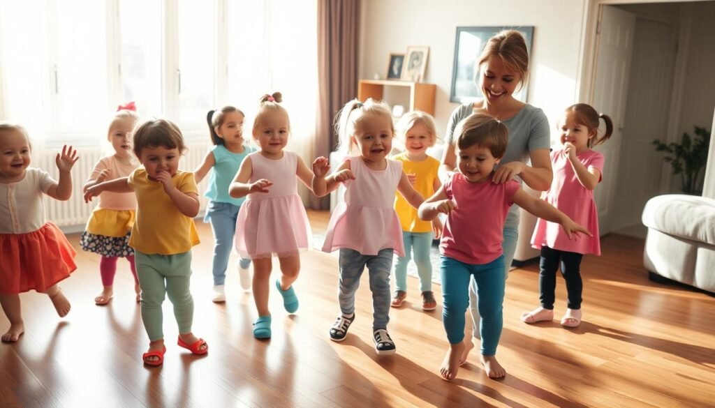 A warm, sun-dappled room with hardwood floors. A group of toddlers, dressed in bright, comfortable clothing, are dancing joyfully, their movements carefree and expressive. In the foreground, a parent or caregiver, smiling and engaged, guides the children, demonstrating simple, age-appropriate dance steps. The middle ground features the children mirroring the adult's movements, their faces alight with delight. In the background, a cozy, inviting living space, with soft textures and a sense of comfort, creates a welcoming atmosphere. The lighting is soft and natural, casting a gentle glow on the scene, capturing the magic and connection of dancing with young children.