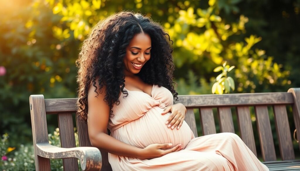 A woman with long, luscious curly hair sitting on a wooden bench in a lush green garden, the warm afternoon sun filtering through the leaves and casting a soft glow on her skin. She is wearing a flowing sundress, her hands gently cradling her pregnant belly as she smiles contentedly. The image captures the radiant, healthy glow of natural hair care during this special time.