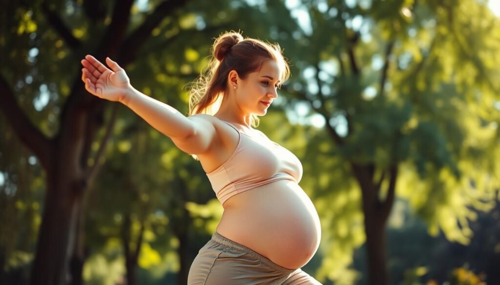 A young, expectant mother gracefully stretches her limbs in a sunlit, serene park. Soft, natural lighting filters through the lush foliage, casting a warm, glowing hue upon her radiant skin. Her curvy, yet slender figure is clad in lightweight, summery attire, accentuating the gentle swell of her belly. She moves with a fluid, gentle rhythm, her expression serene and focused, embodying the harmony between physical activity and the nurturing state of pregnancy. The scene exudes a sense of tranquility and vitality, capturing the essence of how exercise can contribute to the natural glow and wellbeing of the mother-to-be.