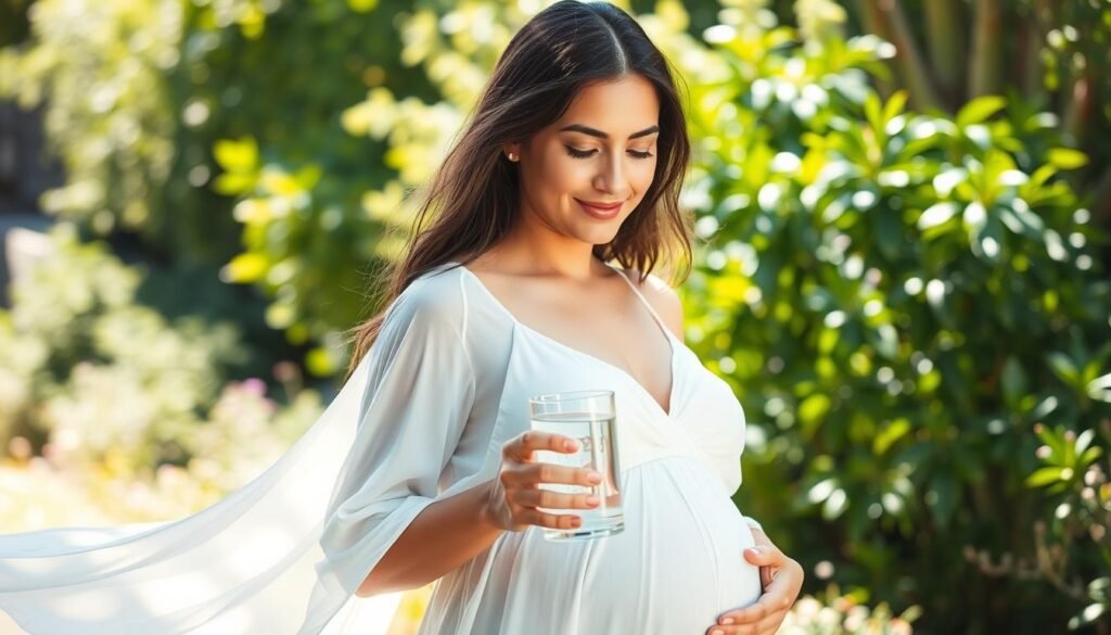A young, pregnant woman in a flowing white dress, standing in a sun-dappled garden, her hands cradling a glass of cool water. She glows with a radiant, healthy complexion, her features serene and calm. Soft, natural lighting bathes the scene, creating a warm, inviting atmosphere. The lush, verdant foliage in the background suggests a verdant, nurturing environment, emphasizing the importance of hydration during this special time. The woman's peaceful expression and the tranquil setting convey the sense of balance and well-being that proper hydration can bring to the expectant mother.