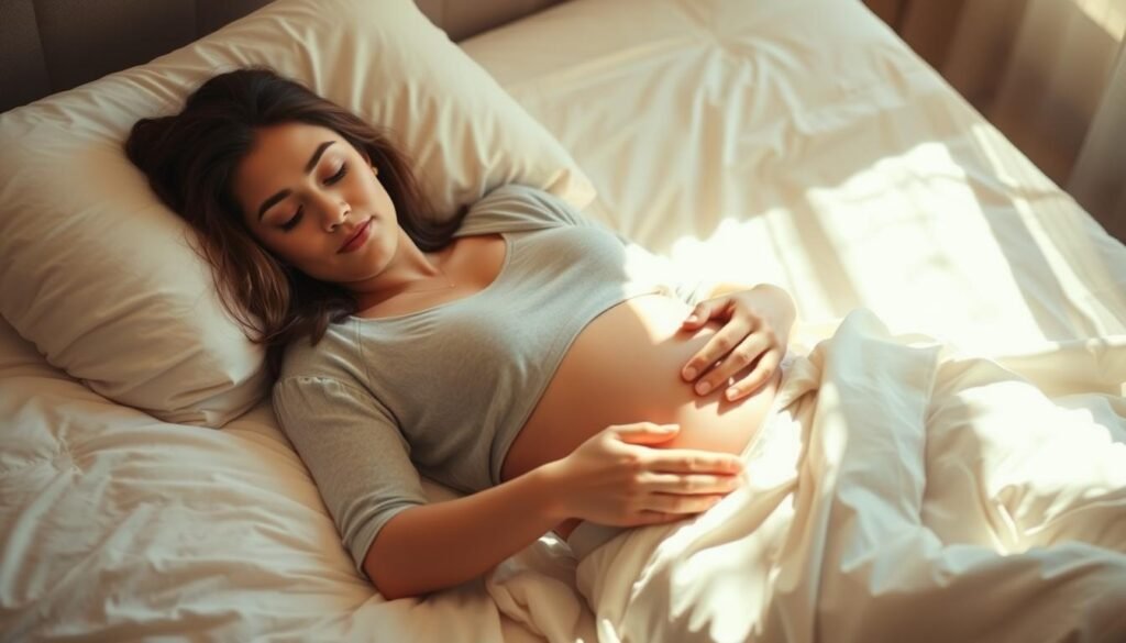 A young, pregnant woman lies peacefully on a cozy, sun-dappled bed, her hand gently resting on her swelling belly. Her face is serene, her expression a blend of contentment and anticipation as she embraces the rejuvenating power of sleep. Soft, warm lighting filters through sheer curtains, casting a glowing aura around her. The room is sparsely furnished, allowing the focus to remain on the woman's tranquil repose, a testament to the importance of rest and relaxation during this precious time.