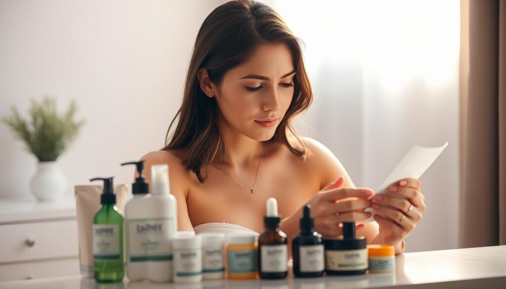 A young pregnant woman, sitting at a well-lit vanity, carefully examining the labels on a selection of skincare products. Her features are soft and serene, her expression one of thoughtful concentration. The warm, natural light from a nearby window casts a gentle glow, accentuating her delicate complexion. In the foreground, an array of bottles and jars are neatly arranged, their labels prominently displayed. The background is softly blurred, allowing the viewer to focus on the woman's careful inspection of the products. The scene conveys a sense of the importance of reading ingredient labels during pregnancy, a moment of quiet contemplation and self-care.